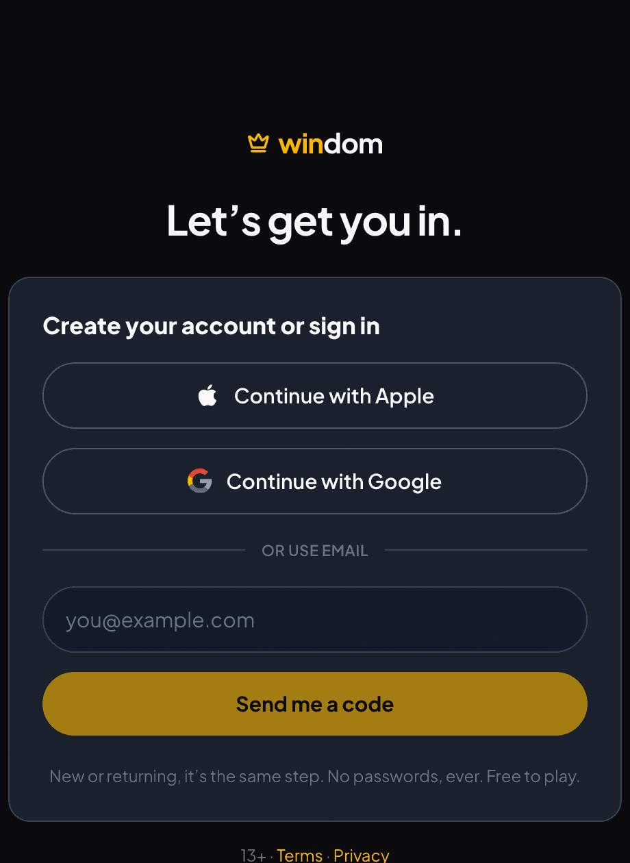 Windom Sports sign-in while connecting your AI to fantasy sports: enter your email and we send you a code